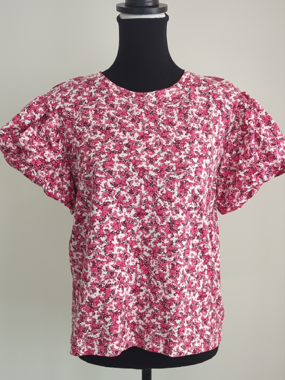 Zara Boho Ditsy Floral Puff Sleeve Top Pink Red Crew Neck T-Shirt Body LARGE